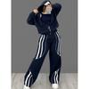 Womens Streetwear Hooded Two-Piece Set With Stripe Panel Detail Long Sleeve Open-Front Top Drawstring Pants
