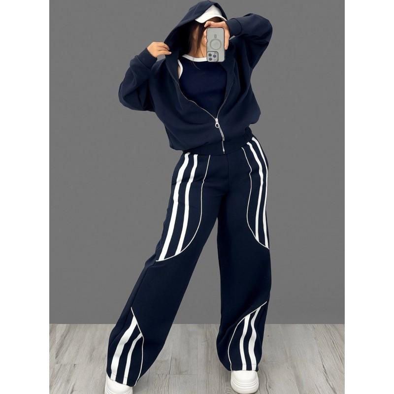 Womens Streetwear Hooded Two-Piece Set With Stripe Panel Detail Long Sleeve Open-Front Top Drawstring Pants