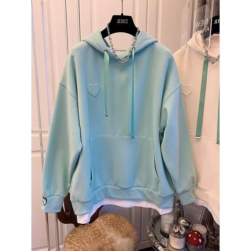 Love Hooded Thin Sweatshirt Women's Autumn New Fake Two-Piece Loose Korean Top
