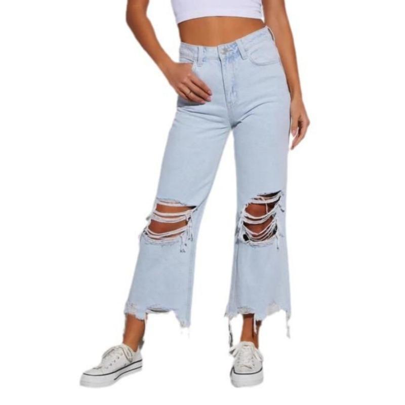Damen Jeans mit Rissen, lässig, locker, hoch tailliert, gerade Hose, modische Temperamenthose