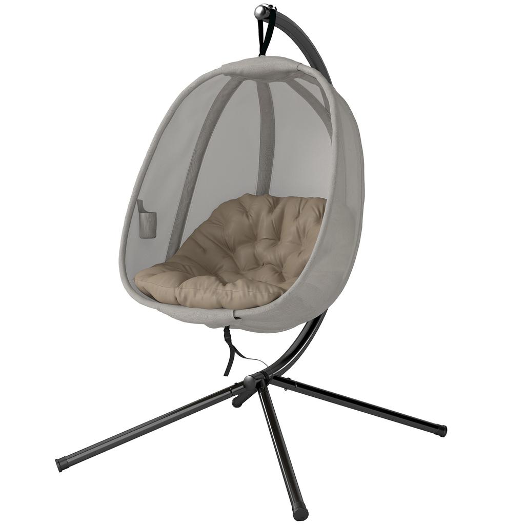 Hanging Egg Chair, Folding Texteline Swing Hammock with Side Pocket, Cushion and Stand for Indoor Outdoor, Patio Garden Furniture, Khaki