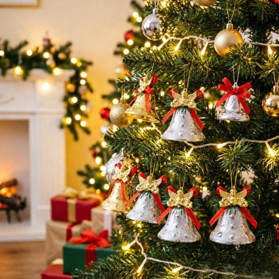 Thickened Electroplated Bell Christmas Ornament with Red Ribbon Bow, Small Jingle Gift Box Accessory Tree Hanging Decoration for Tree, Garland,