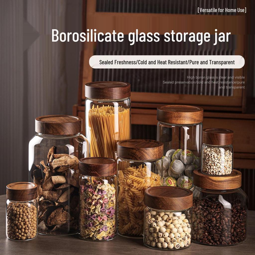 Barattolo di Stoccaggio Trasparente in Vetro Borosilicato con Coperchio in Legno di Acacia - Contenitore Ermetico per la Casa.