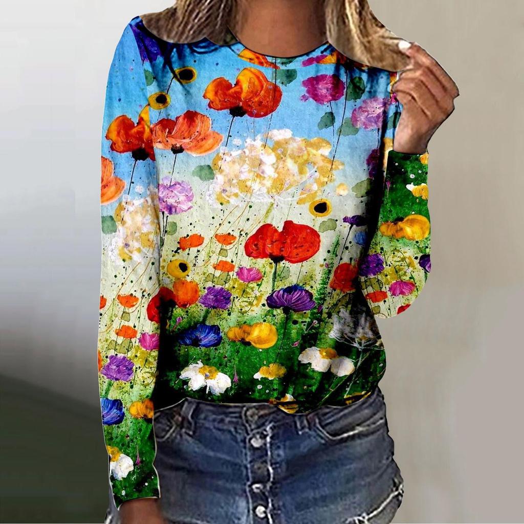 Spring and Autumn Round Neck 3D Flower Pattern Printed Top Fashionable Casual Long Sleeved Women's T-shirts