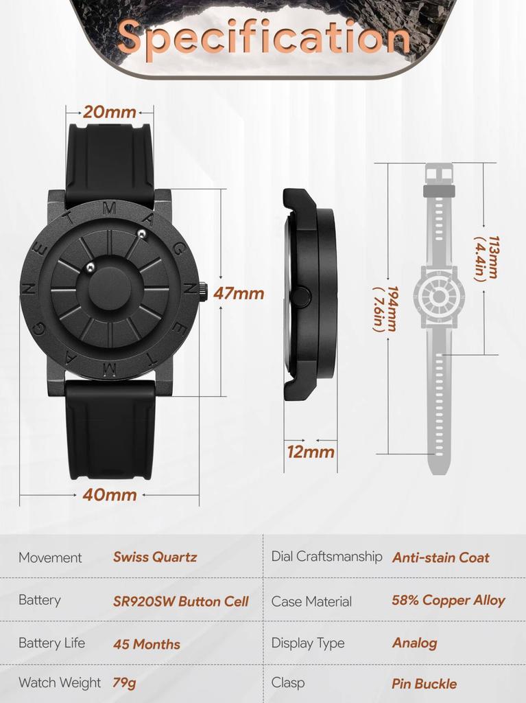 Pánske magnetické hodinky EUTOUR, Štýlové, Jednoduché, Neformálne quartzové hodinky s dizajnom magnetickej gule, Vodotesné, 40mm ciferník, Gumový remienok, Čierne