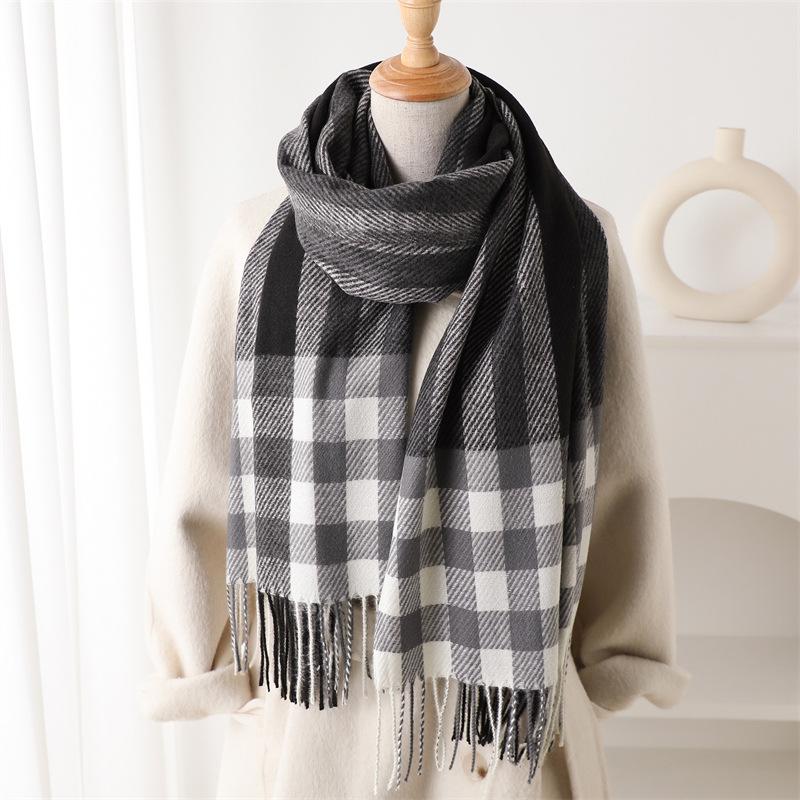 Plaid Color Matching Imitation Cashmere Warm Shawl Scarf Autumn And Winter Fashion High-End Sense Versatile Fringed Scarf