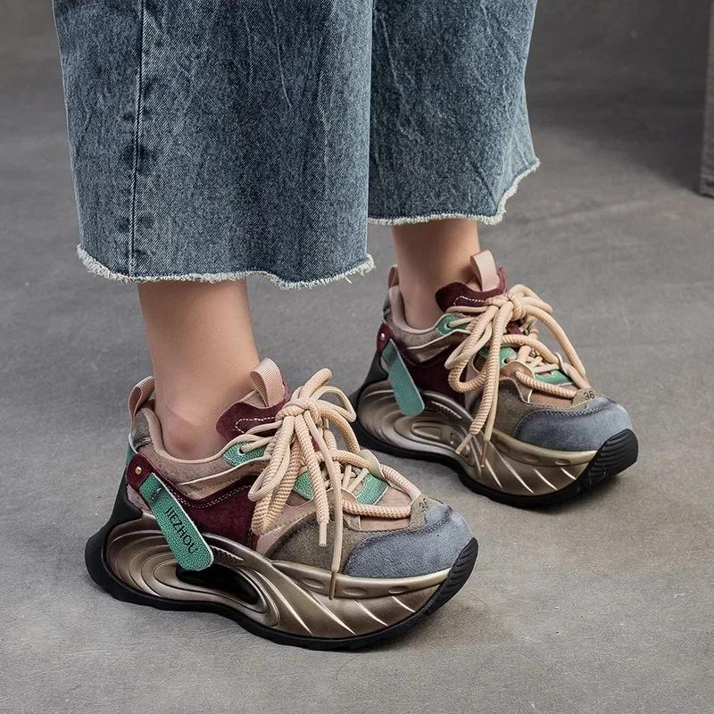 Moda Alta Qualità 5CM Primavera Autunno Mocassino Vulcanizzato Donna Sneaker Chunky Scarpe Vera Pelle Marca Alta Piattaforma 2024 Scarpe Estive