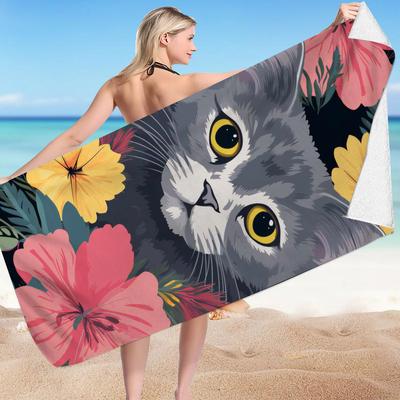 Cat Print Pattern Digital-printed Polyester Superfine Fiber Double-sided Fleece Beach Vacation Bath Towel, Beach Towel