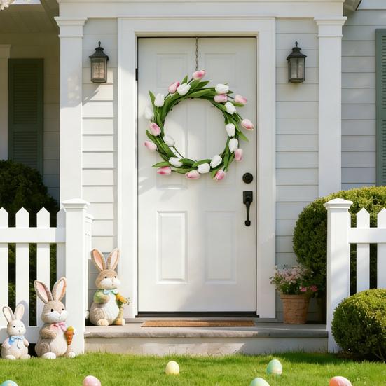 Artificial Tulip Wreath with Vine Base Lifelike Floral Door Wall Hanging Decor for Home Garden Party Fade-Resistant Reusable Spring Home Decoration