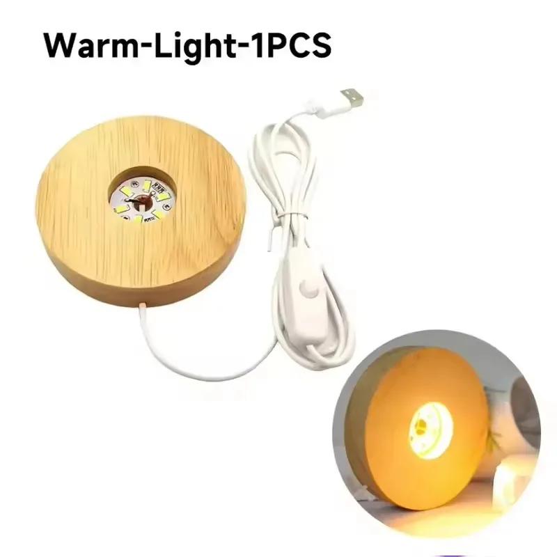 8cm Battery Operated Round Wooden WarmLight Dispaly Base Stand Holder able LED Night Lamp Base Crystal Glass Resin Art Ornaments