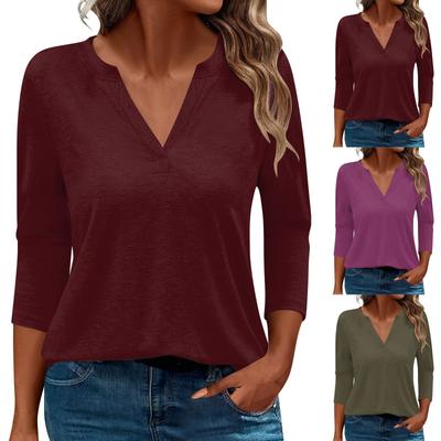 Camiseta feminina cor sólida manga 3/4 moda diária fim de semana básica decote em v regular top