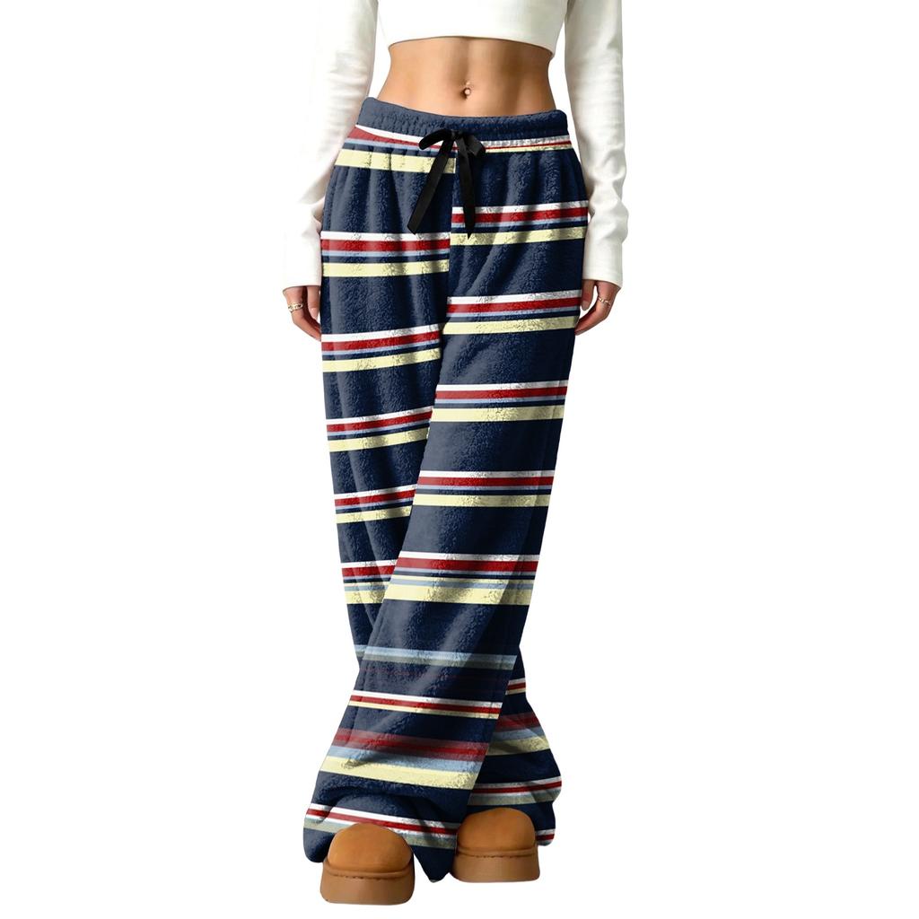 Women's Casual Striped Print Wide Leg Pants with Elastic Waist, Loose Fit Lined for Fall Winter