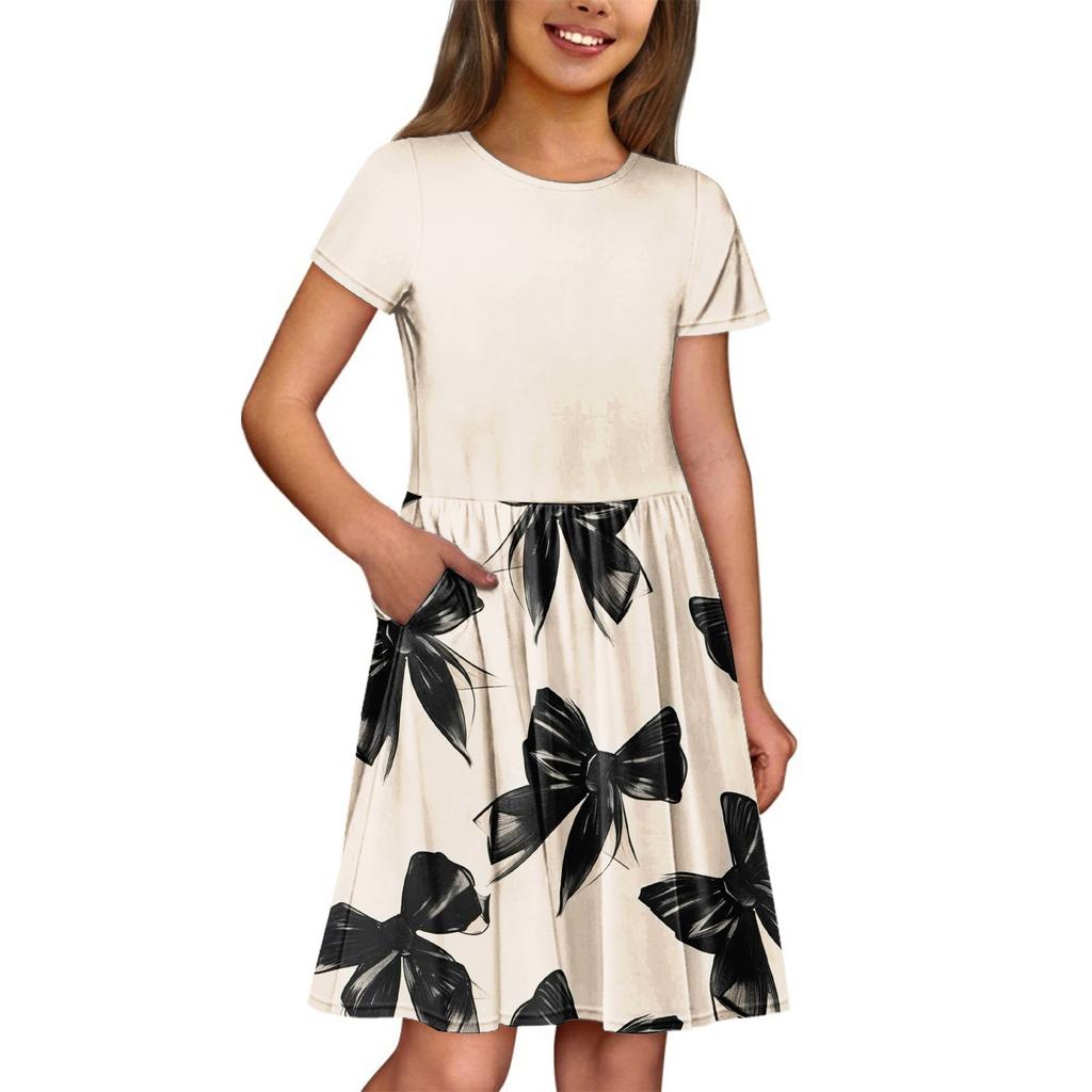 Girl Summer Dress  Solid Color & Print Sleeveless Dress With Pocket Casual Dress Shorts Sleeve Party Dress