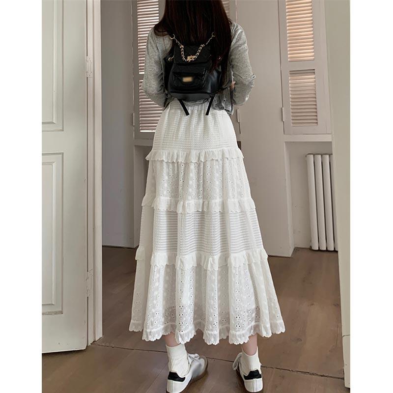 Lace White Long Skirt for Women Spring Summer High Waist A-Line Skirt Sweet A Line Cake Midi Skirts Y2k Female Clothing
