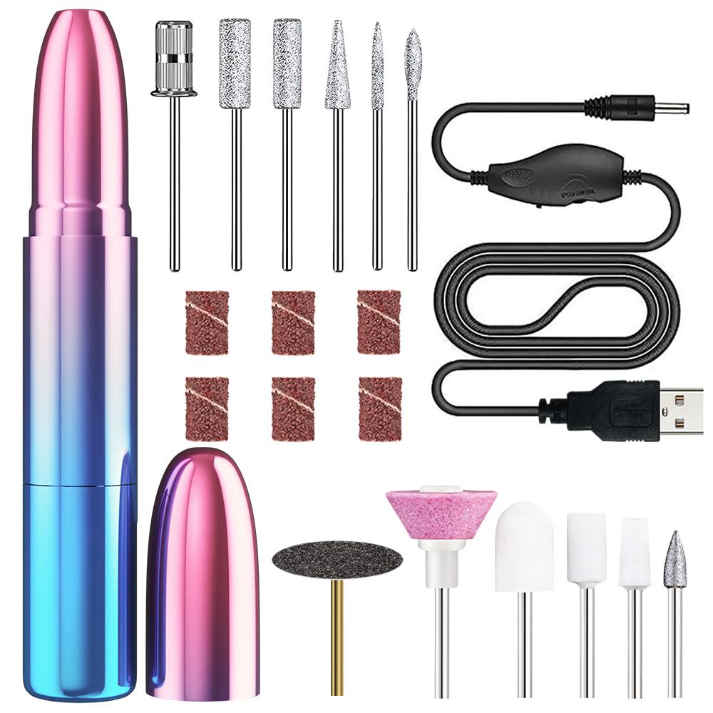 Electric Nail Drill Kit, USB Powered Portable File for Acrylic Gel Nails, Professional Manicure Pedicure Machine with Drill Bits