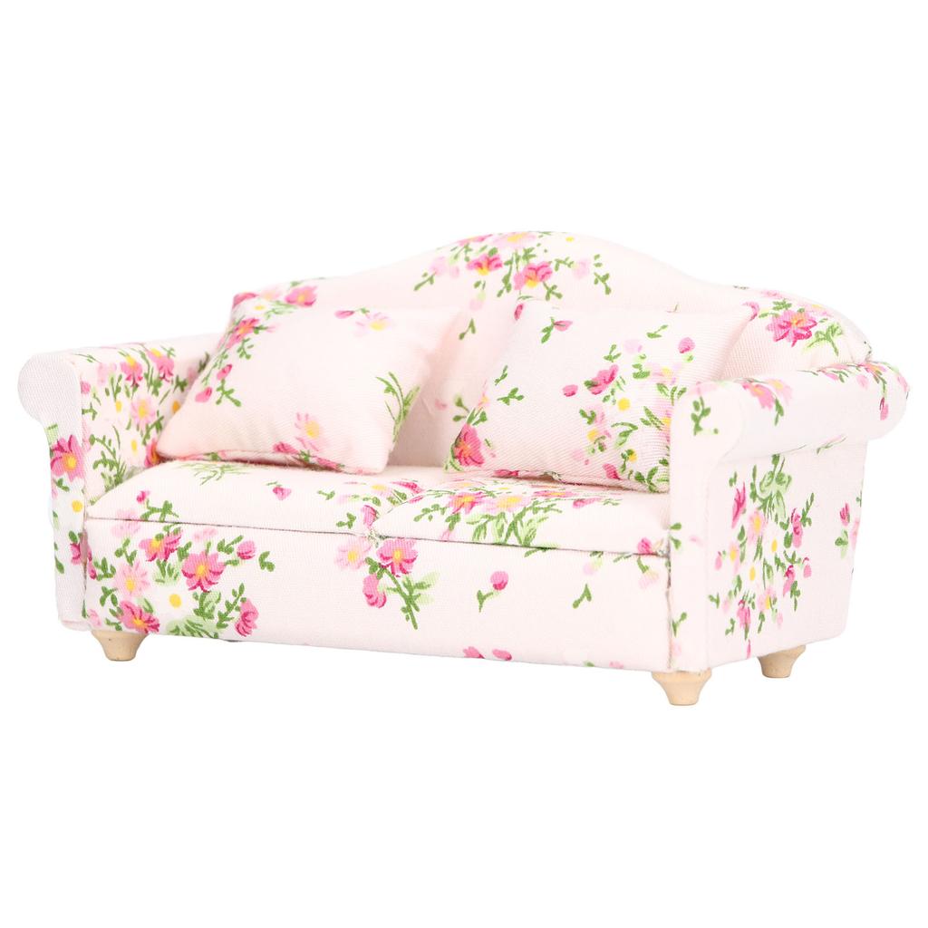 Miniature Sofa 1/12 Scale Pink Green Flower Pattern Birch Wood Dollhouse Double Sofa for Birthdays Gift DIY Game