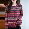 2025 Autumn/Winter Women's Loose Ethnic Style Raccoon Fur & Wool Knit Cardigan with Color Block and Round Neck, Long Sleeves