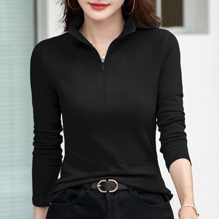 Dámské jarní bavlněné tričko s dlouhým rukávem a polozvýšeným krkem, slim