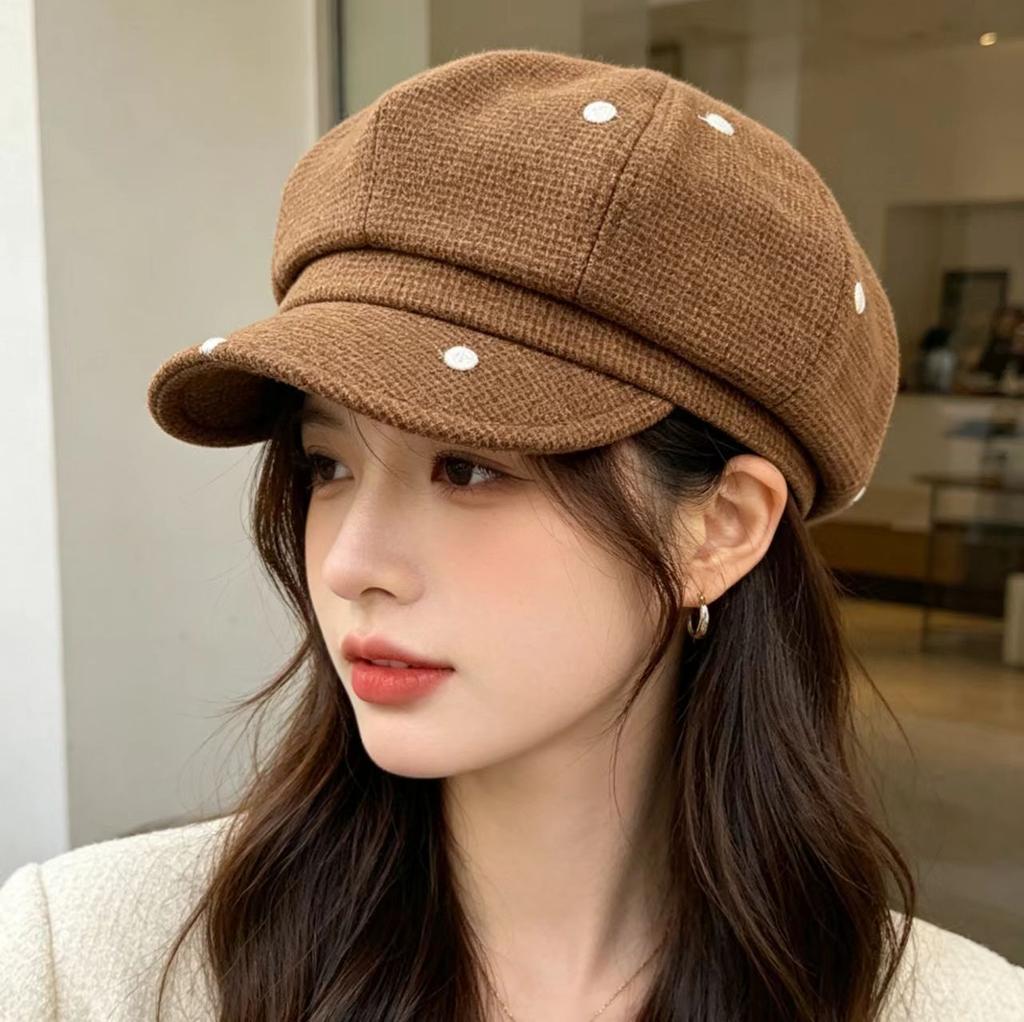 Polka dot cloud beret female spring and autumn big head circumference retro versatile painter hat showing face small newsboy octagonal hat