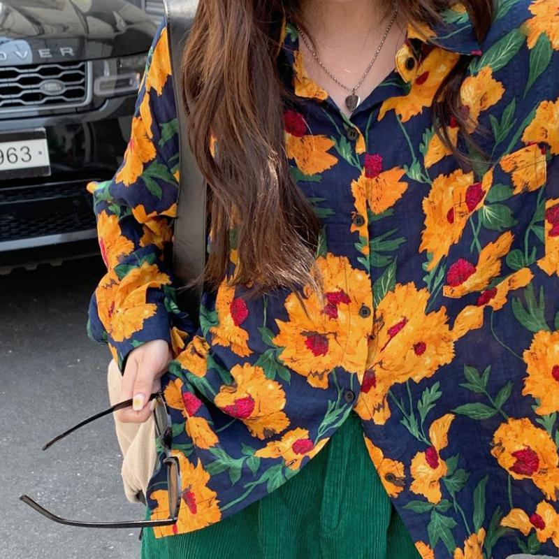 Cămașă subțire cu mâneci lungi pentru femei, cu modele florale, în stil Hong Kong, retro chic și elegantă, top larg popular pe Ins