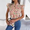 Women's Spring Summer Floral Wood Ear Lace Up Bow Tie Chiffon Shirt Blouses