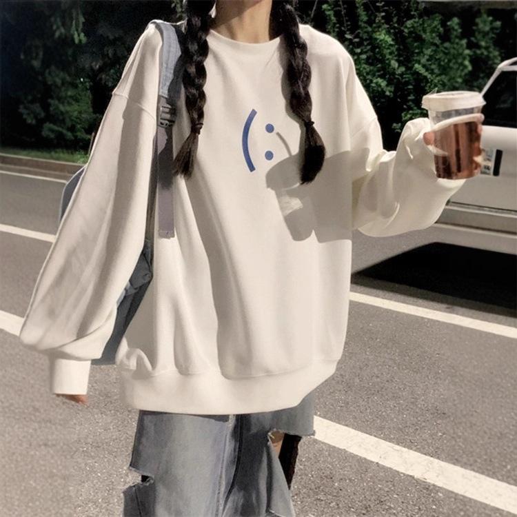 Spring 2025 Girls' Cotton Crew Neck Fleece Sweatshirt, Big Kids, Middle & High School, Loose Fit, Long-Sleeved, No Hood