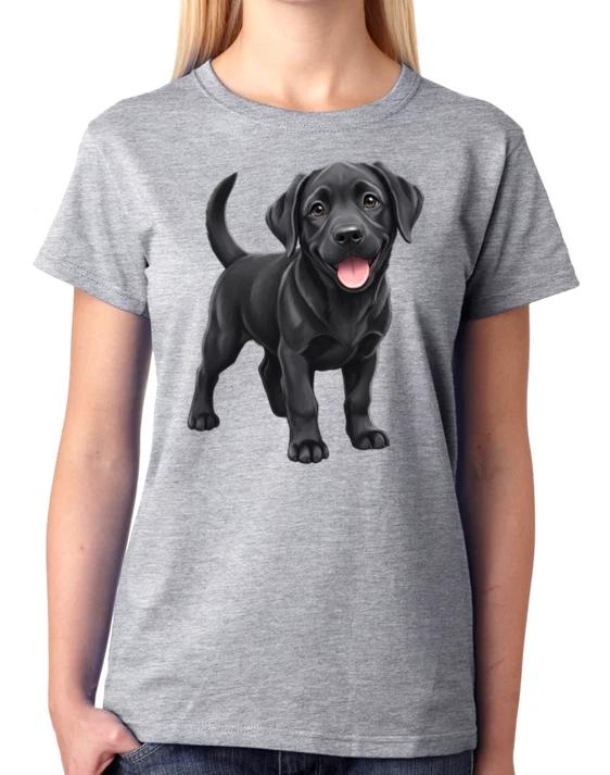 Black Labrador Puppy Illustration Ladies T-Shirt Cute Dog Art Tee L