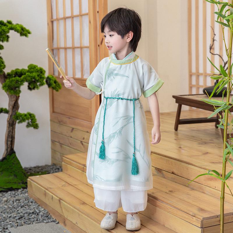 

Летний новый детский бамбуковый комплект ханфу 2025: Халат с коротким рукавом в древнекитайском стиле для мальчиков. 140 cm светло-синий