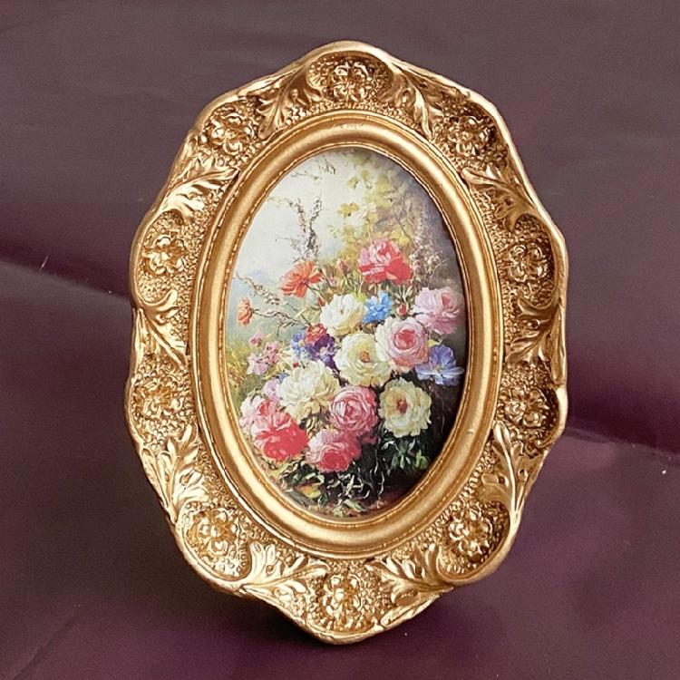 Decoratief Ovaal Vorm Portret Fotolijst Hars Bloemen Reliëf Fotohouder met Achterclip Toegang voor Woonkamer Wandmontage