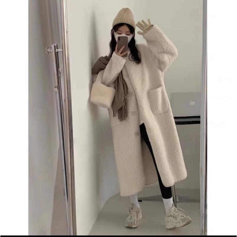 

Женская шуба средней длины с круглым вырезом, пушистая верхняя одежда осень-зима L бежевый