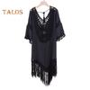 Women Beach Cover Up V-neck Half Sleeve Backless Design Cover Up Solid Color Loose Fit Hollow Crochet Tassel Anti-UV Vacation Dress