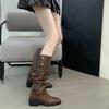 Fashion Vintage Thick Heel Pleated Women Knee High Boots Outdoor Non Slip Shoes Autumn Winter Ladies Knight Long Booties
