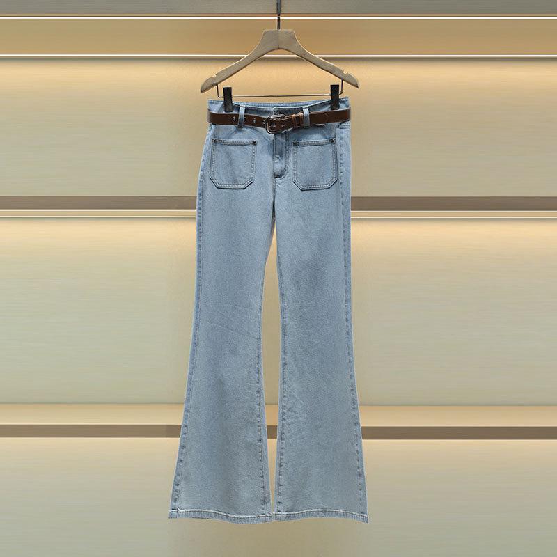 2025 Spring High-Waisted Washed Denim Flare Pants with Versatile Belt S