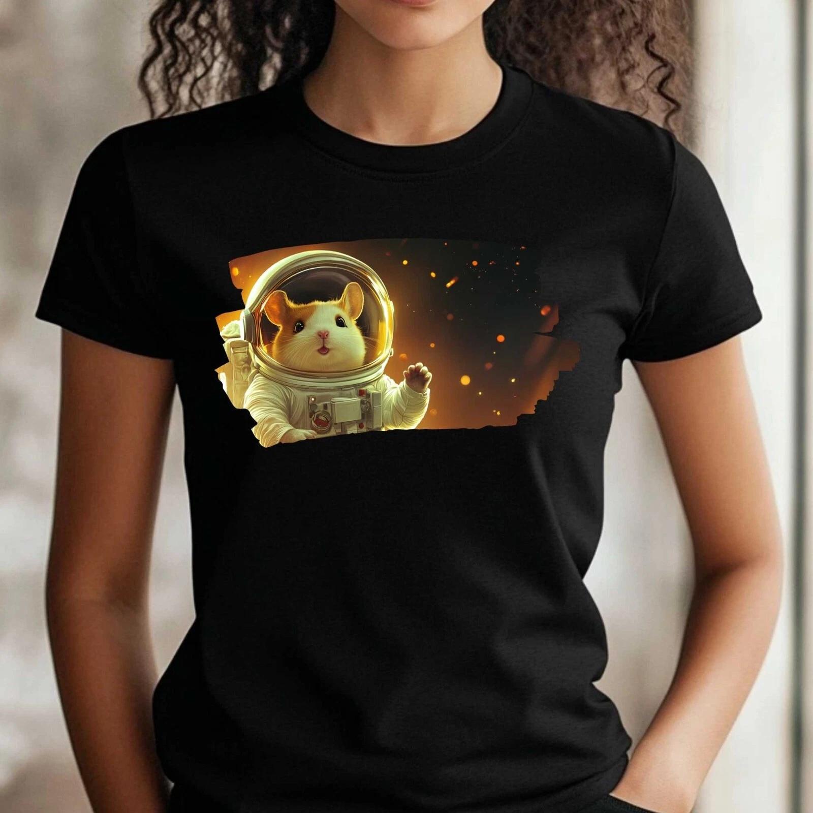 Women Hamster as Astronaut Print Cotton T-Shirt XL