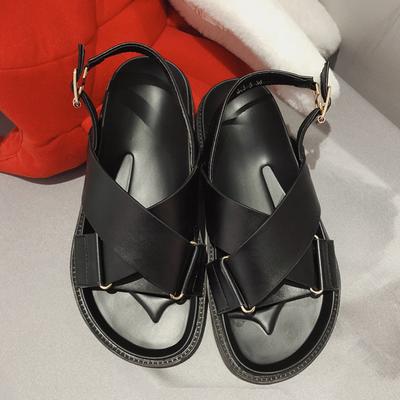 Fashion 2025 Korean Cross Belt Strap Sandals Women Solid Leather Shoes Ladies Summer Flats Platform Sandalias Students Cut-Out Flipflops