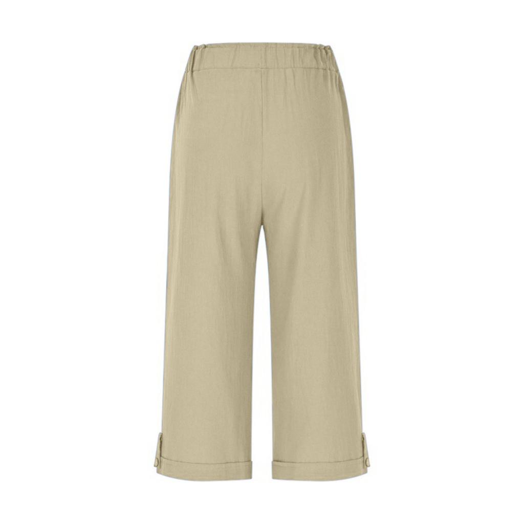 Women’s Casual Loose Fit Capri Pants Cotton Linen Elastic Waist Cropped Trousers with Pockets and Button