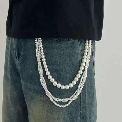 Salircon Fashion Multilayer Imitation Pearl Belt Pants Chain Men New Daily Wearing Key Wallet Chain Accessories Jewelry
