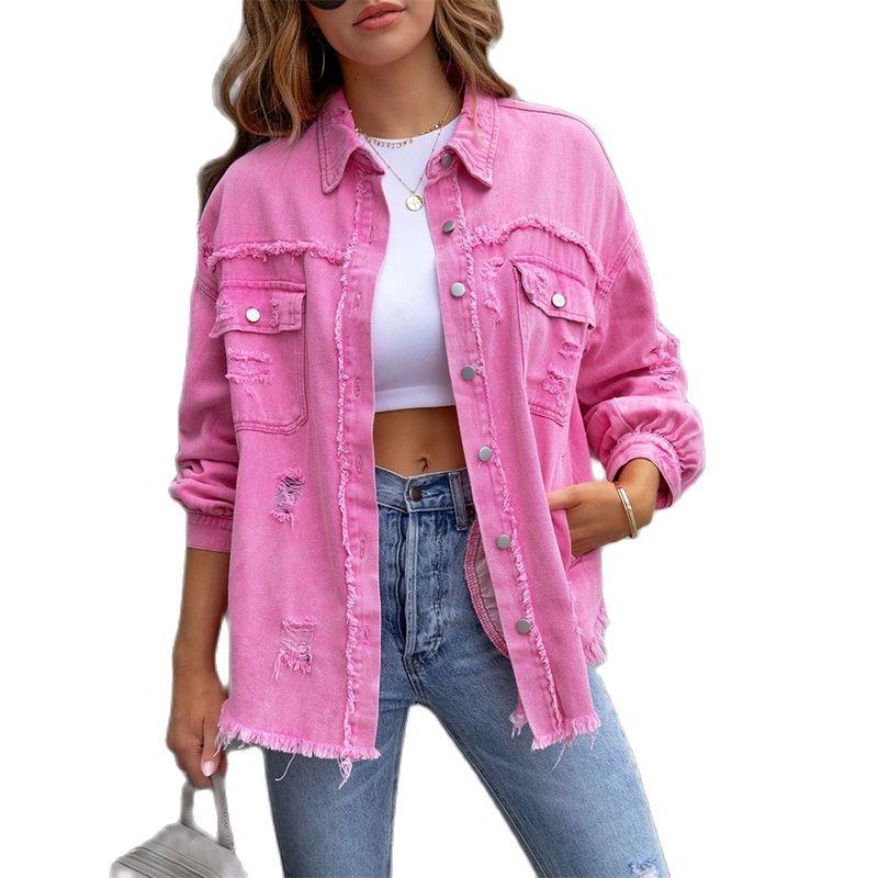 Holes Raw-edges Denim Jacket Women Spring Autumn Shirt Style Jeancoat Casual Top Rose-Red Orange Purple Outerwear Lady Coat