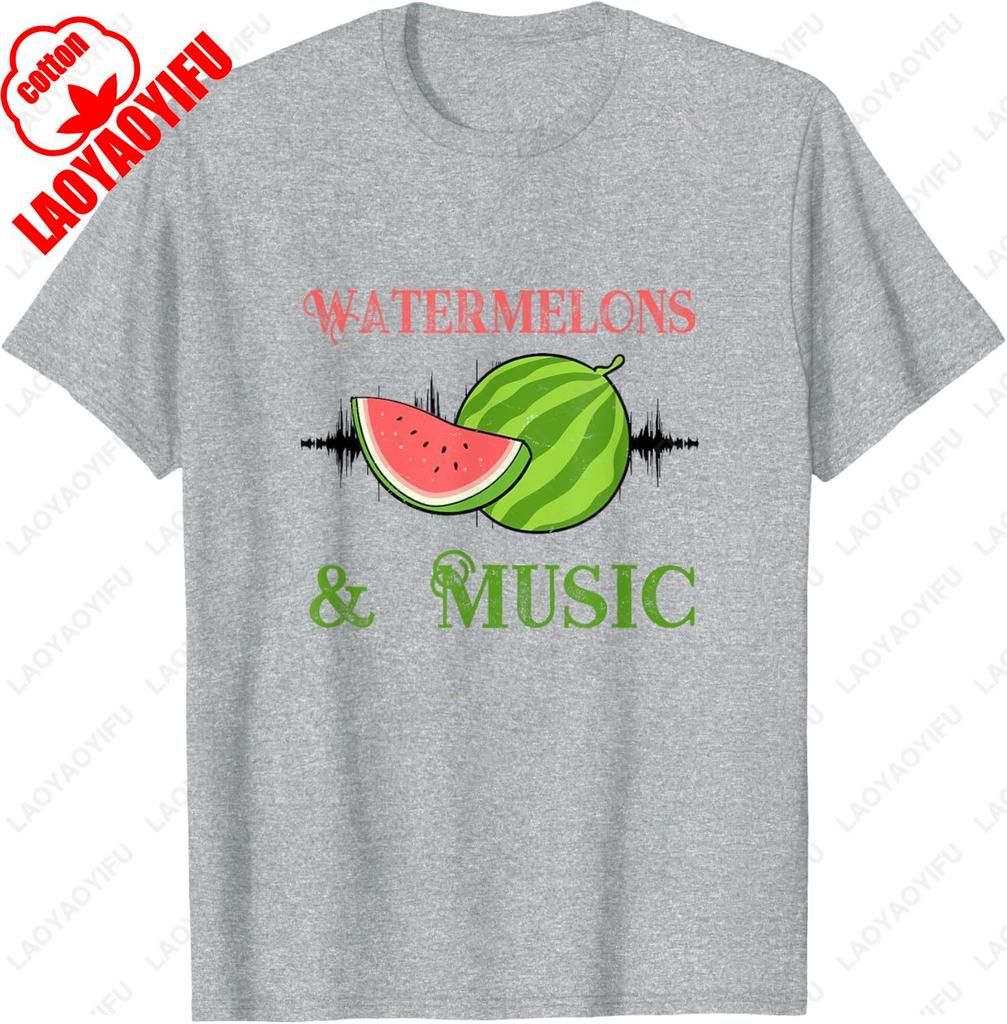 Melons and Music Watermelon Summer Fruits TShirt Classic Letter Print Tee Unisex Summer Cotton Casual New Arrival Breathable Tops