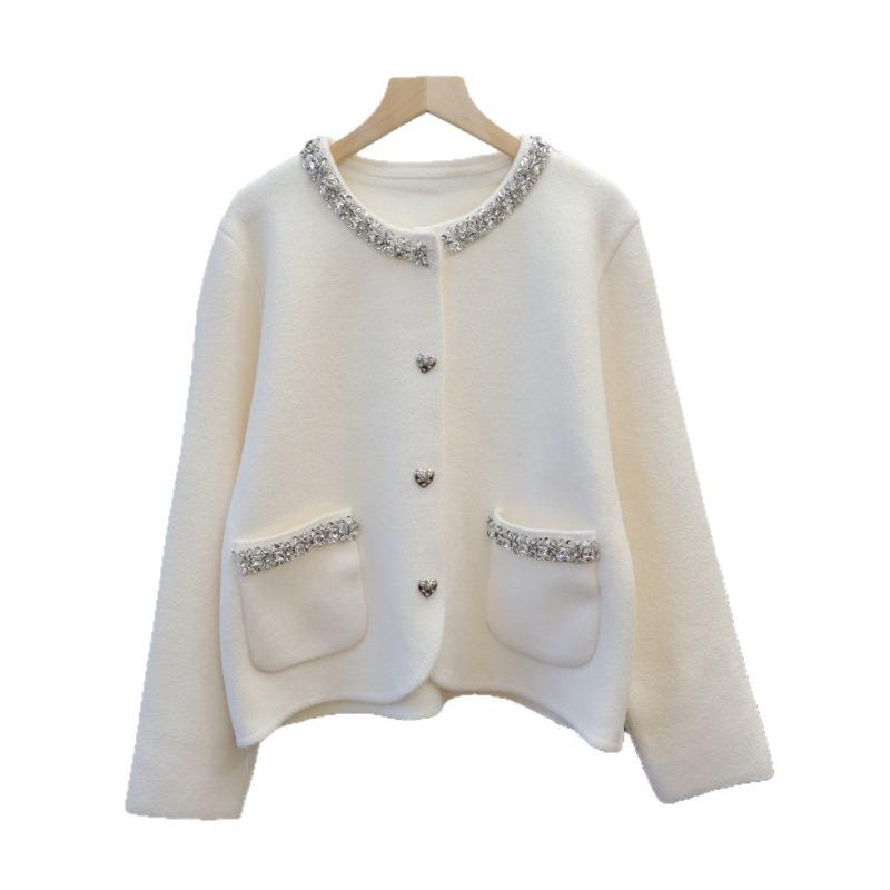 Heavy Industry Neckline Diamond Knitted Double-Sided Cardigan Women's Autumn and Winter New High-end Sweater Jacket