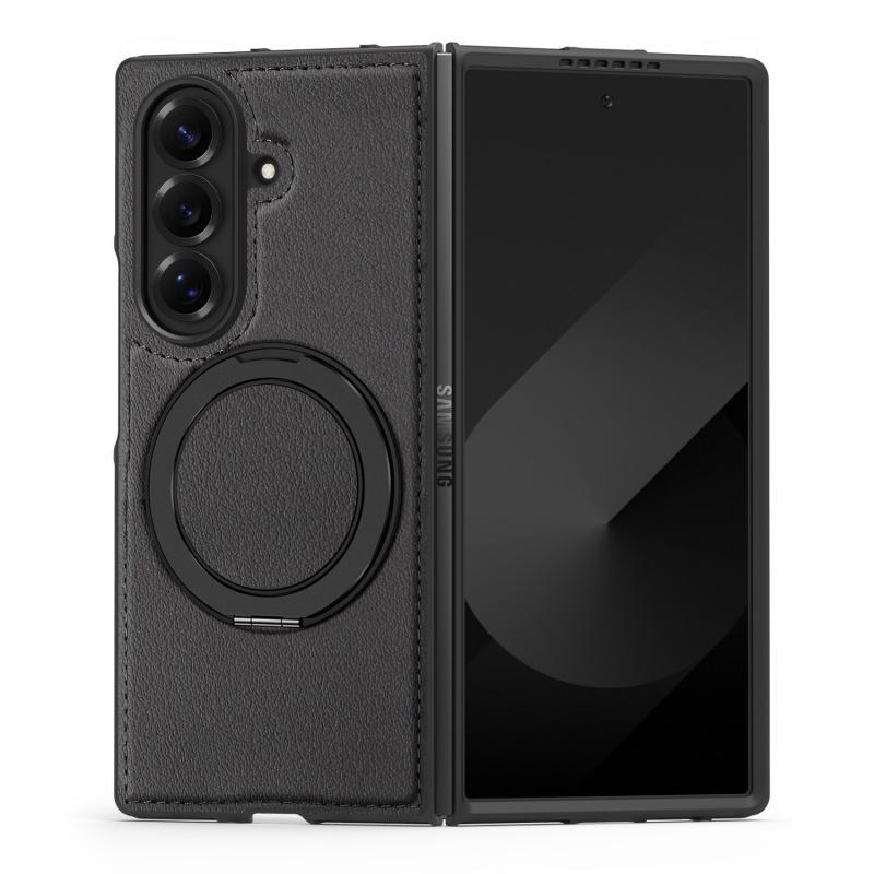 Für Samsung Galaxy Z Fold7 Fold6 Fold5 Fold4 Hülle Magsafe Magnetisch 360° Drehung Intelligenter Metallhalter Ständer Mattschwarze Lederhülle