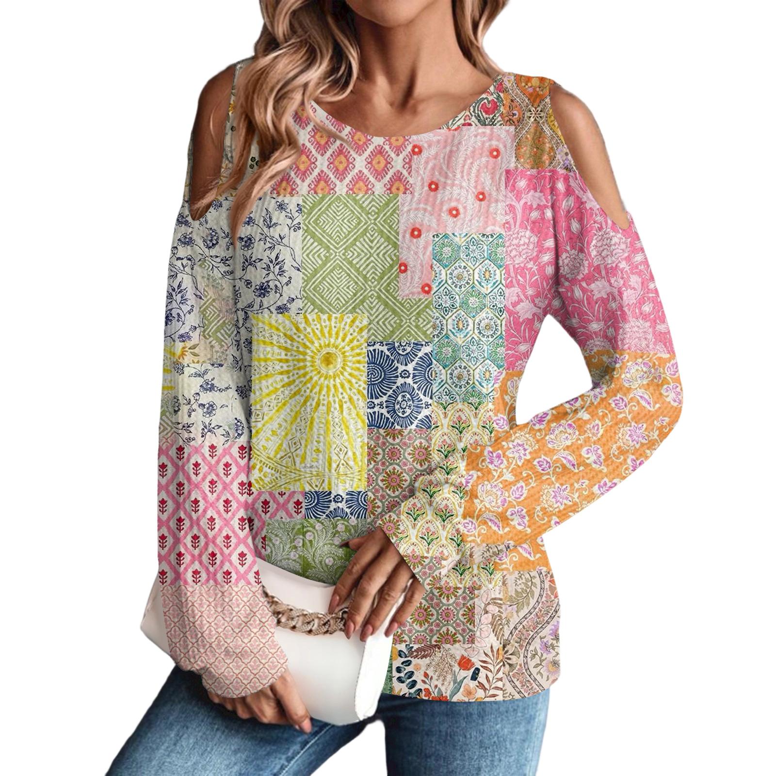 

Женская / Зимняя Футболка Оверсайз Модная С открытыми плечами Круглый вырез Винтажный цветочный принт Пуловер Топ с длинным рукавом XL жёлтый