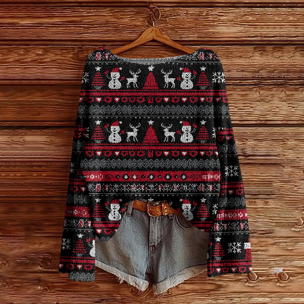 Women's Christmas Print Lightweight Sweater Casual Long Sleeve Knitted Pullover