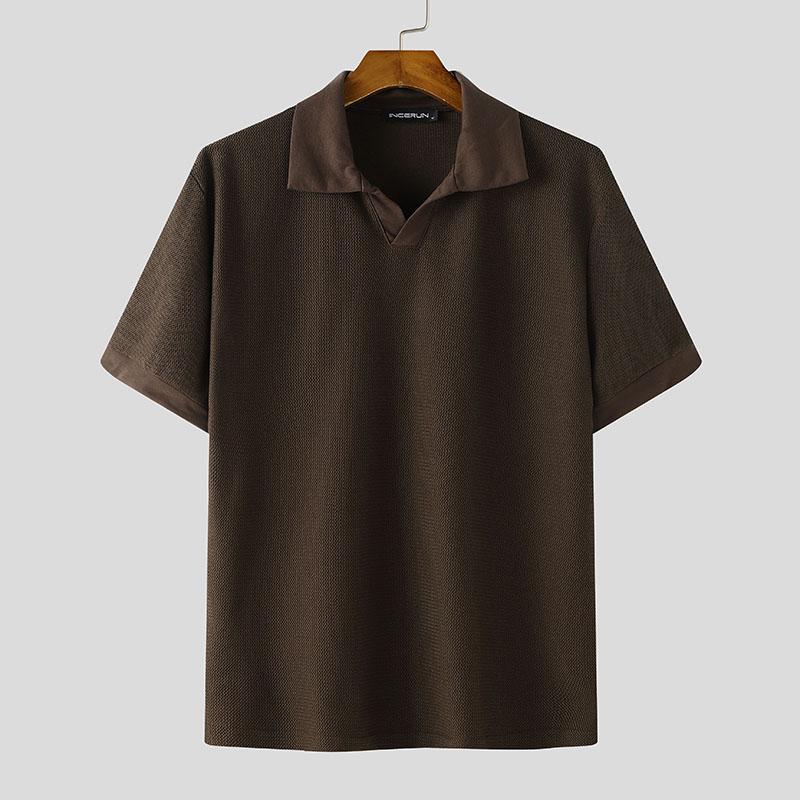 

INCERUN Oversized Men Lapel Neck Patchwork Casual Texture Summer T-shirts Tops S коричневый