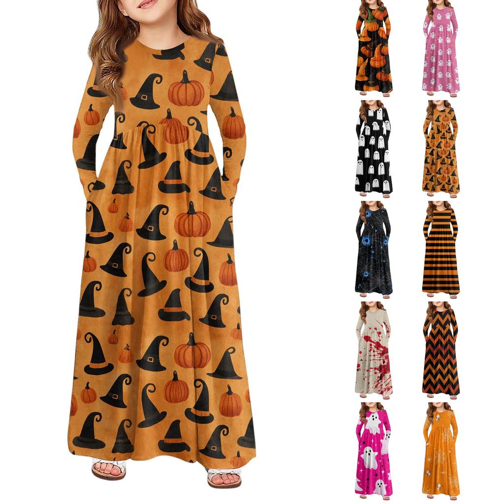 Mädchen Maxi Kleid Halloween Tag- Langarm Taschenkleid