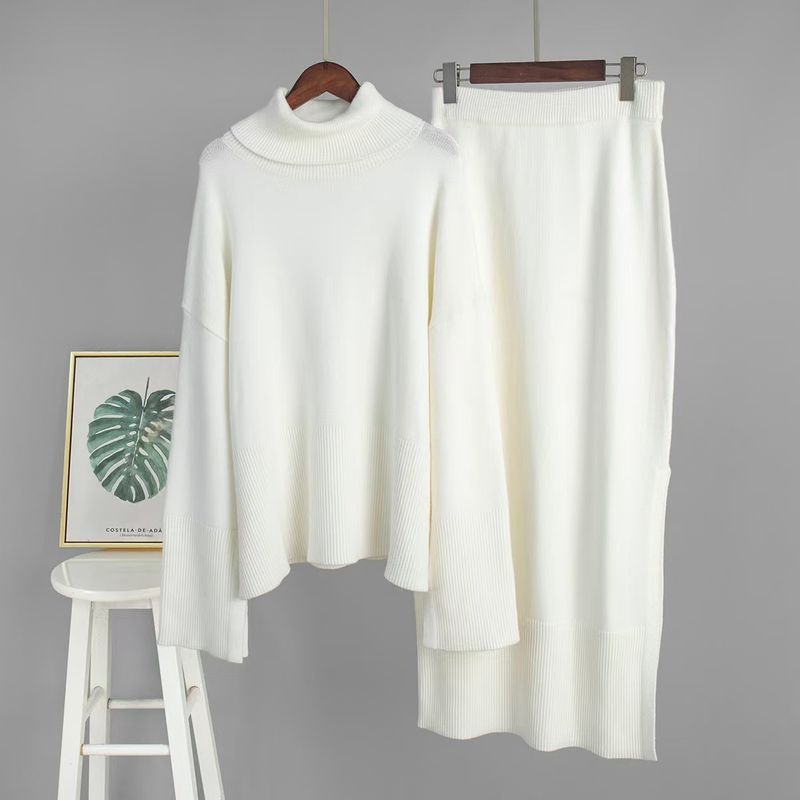 

Fashion New Arrival Fashion High Collar Knitted Loose Sweater Skirt Suit Sweater and Skirt Set White L