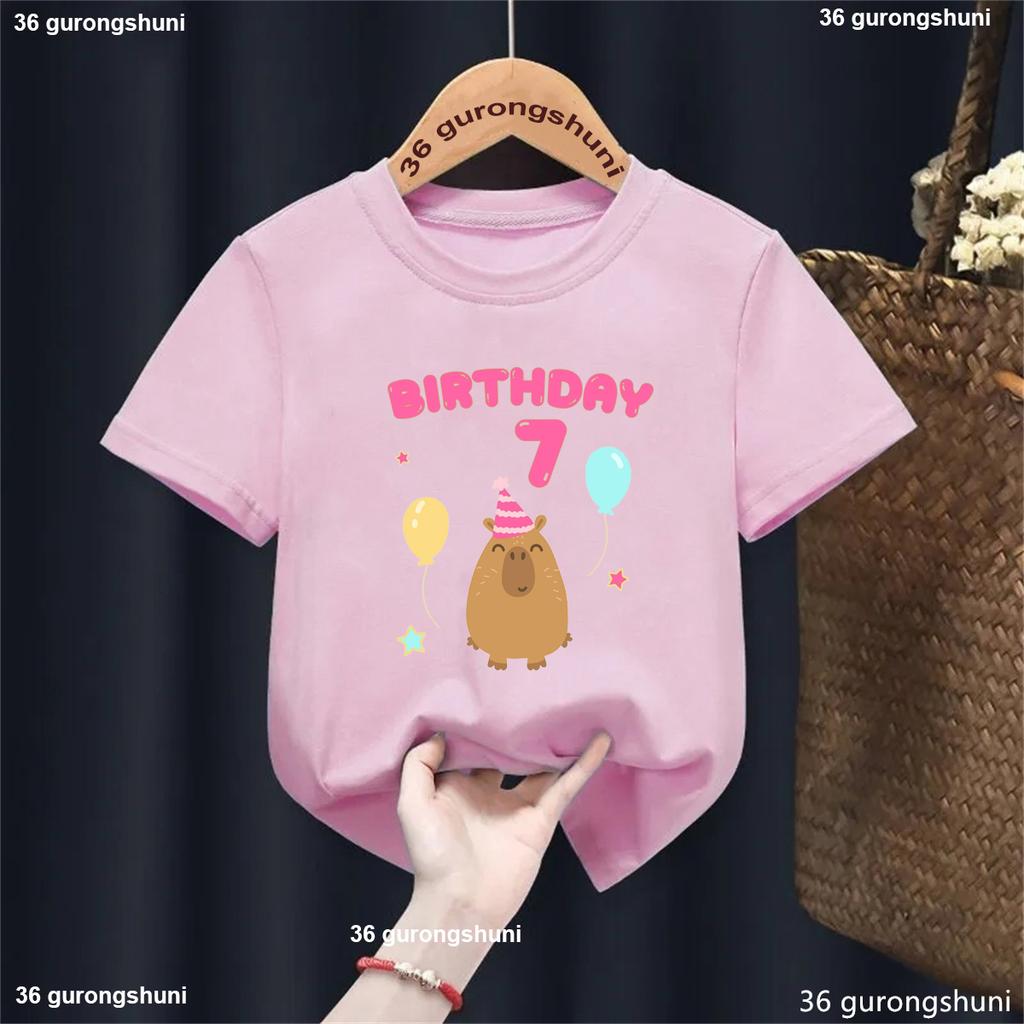 5th/6th/7th/8th/9th Birthday Capybara Balloon Printed Tshirt Girls/Boys Funny Kawaii Kids Clothes Fashion Solid T-Shirt Tops