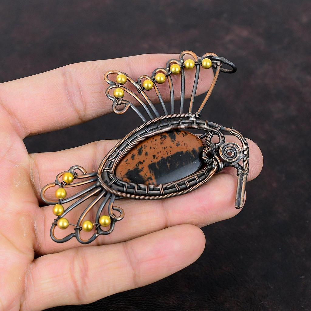Mahagoni Obsidian Anhänger Kupferdraht umwickelter Anhänger Antik Kupferschmuck Handgefertigt Eleganter Anhänger Edelsteinschmuck Zum Geschenk Vogelanhänger