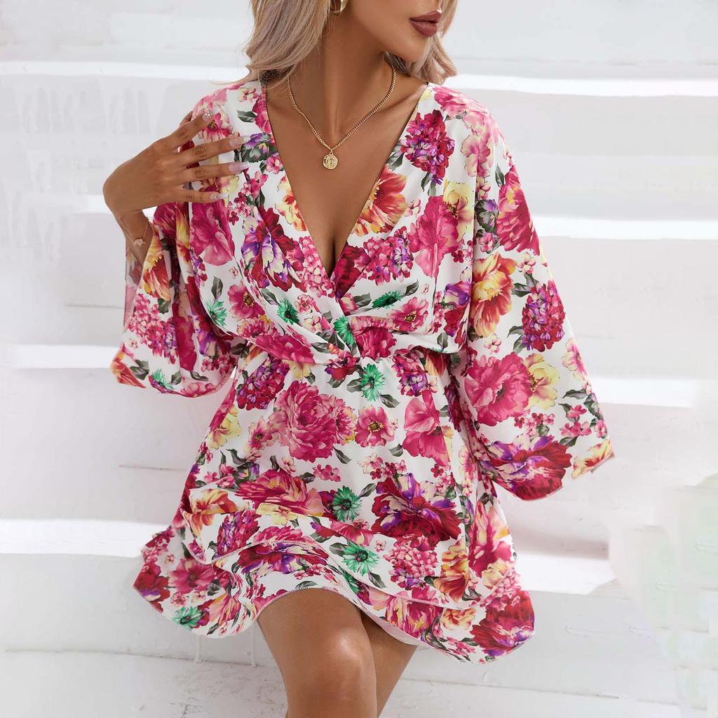 Women's Summer Ethnic Printed Short Sleeve High Waist A Line Lace Up Dress