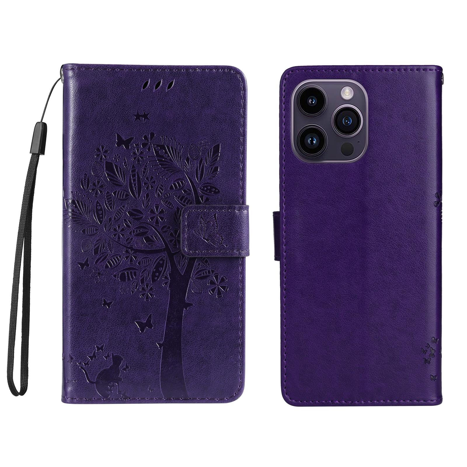 

For iPhone 15 Pro Max Phone Case with Stand Cat Tree Pattern Leather Wallet Mobile Cover